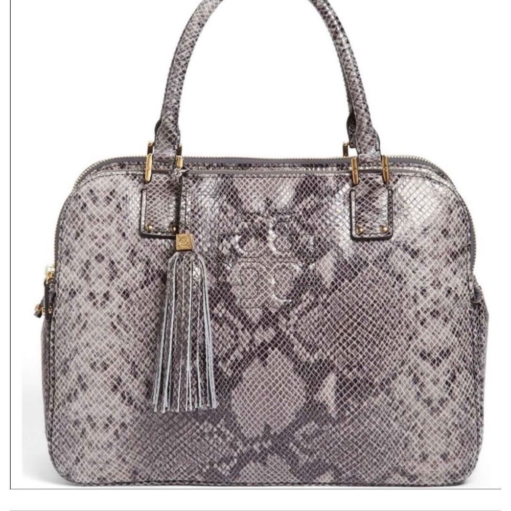 NEW Tory Burch Thea snake print 3 zip compartment purse bag satchel gray leather